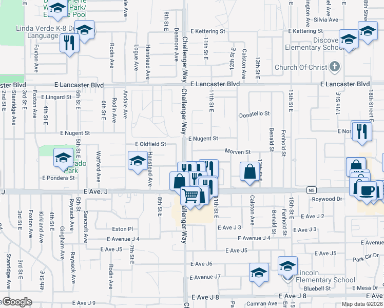 map of restaurants, bars, coffee shops, grocery stores, and more near 44525 Gillan Avenue in Lancaster
