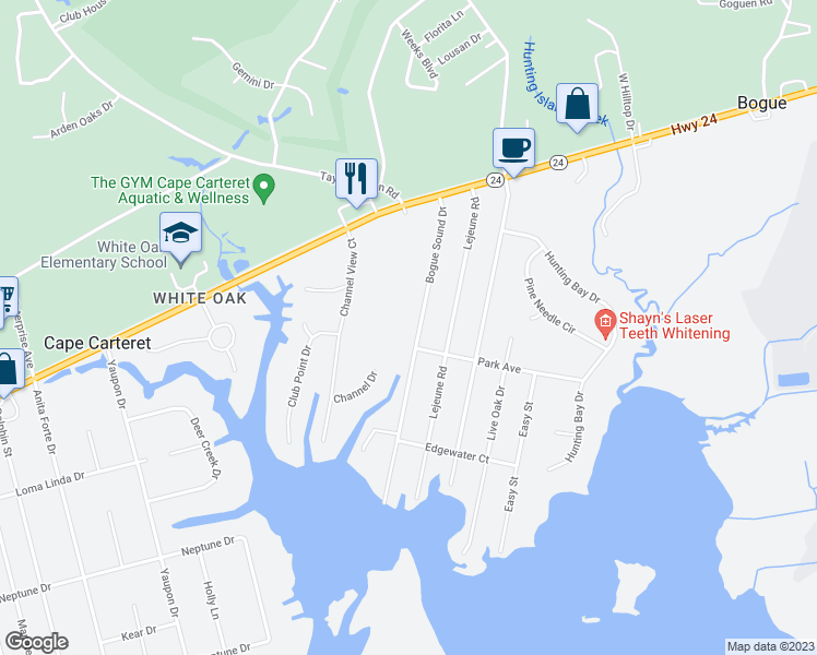map of restaurants, bars, coffee shops, grocery stores, and more near 132 Bogue Sound Drive in Cape Carteret
