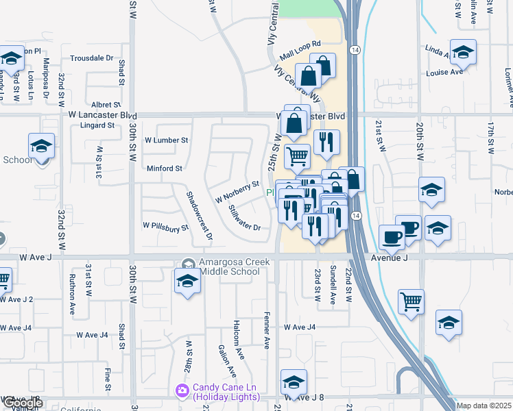 map of restaurants, bars, coffee shops, grocery stores, and more near 44526 Stonebridge Lane in Lancaster