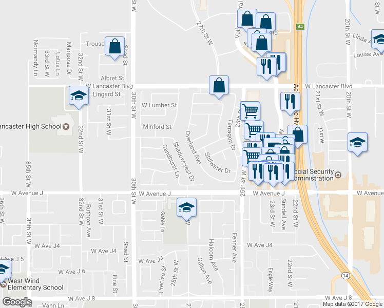 map of restaurants, bars, coffee shops, grocery stores, and more near 44535 Overland Avenue in Lancaster