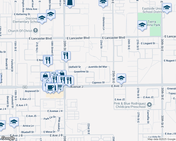 map of restaurants, bars, coffee shops, grocery stores, and more near 2157 Greentree Street in Lancaster