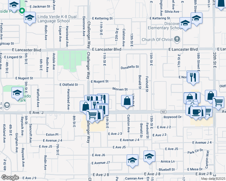 map of restaurants, bars, coffee shops, grocery stores, and more near 44514 Palm Vista Avenue in Lancaster
