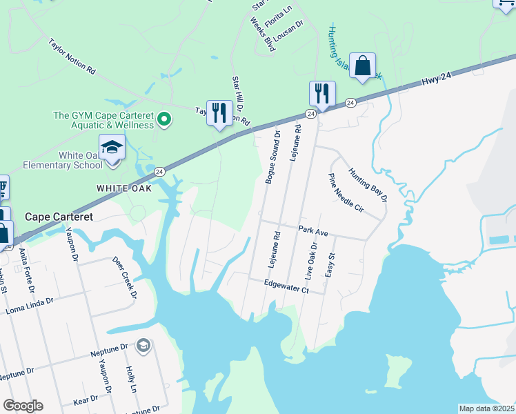 map of restaurants, bars, coffee shops, grocery stores, and more near 132 Bogue Sound Drive in Cape Carteret