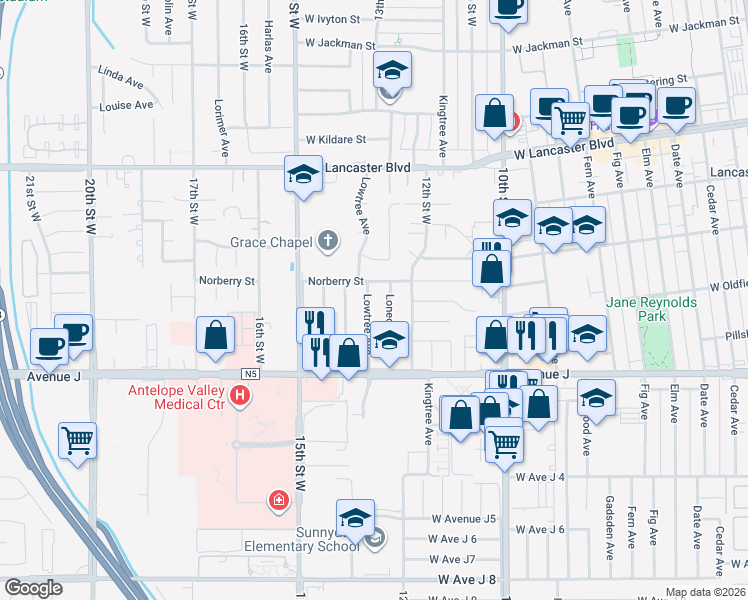map of restaurants, bars, coffee shops, grocery stores, and more near 44532 Lowtree Avenue in Lancaster