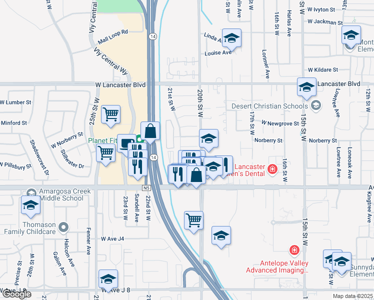 map of restaurants, bars, coffee shops, grocery stores, and more near 2032 West Norberry Street in Lancaster