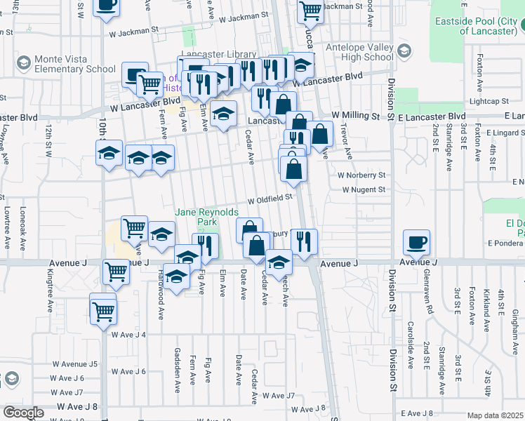 map of restaurants, bars, coffee shops, grocery stores, and more near 44544 Cedar Avenue in Lancaster