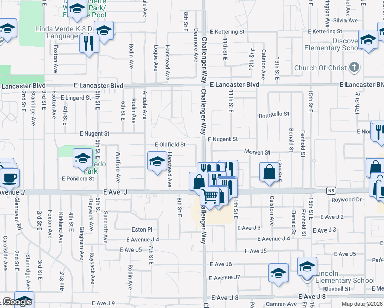map of restaurants, bars, coffee shops, grocery stores, and more near 44527 Denmore Avenue in Lancaster
