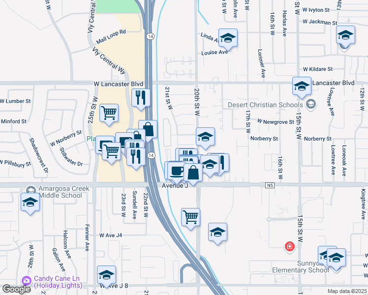 map of restaurants, bars, coffee shops, grocery stores, and more near 2032 West Norberry Street in Lancaster