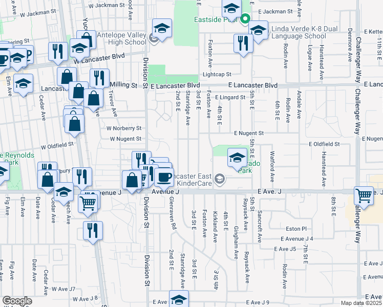 map of restaurants, bars, coffee shops, grocery stores, and more near 44526 Stanridge Avenue in Lancaster