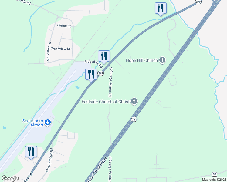 map of restaurants, bars, coffee shops, grocery stores, and more near 414 North George Adams Road in Scottsboro