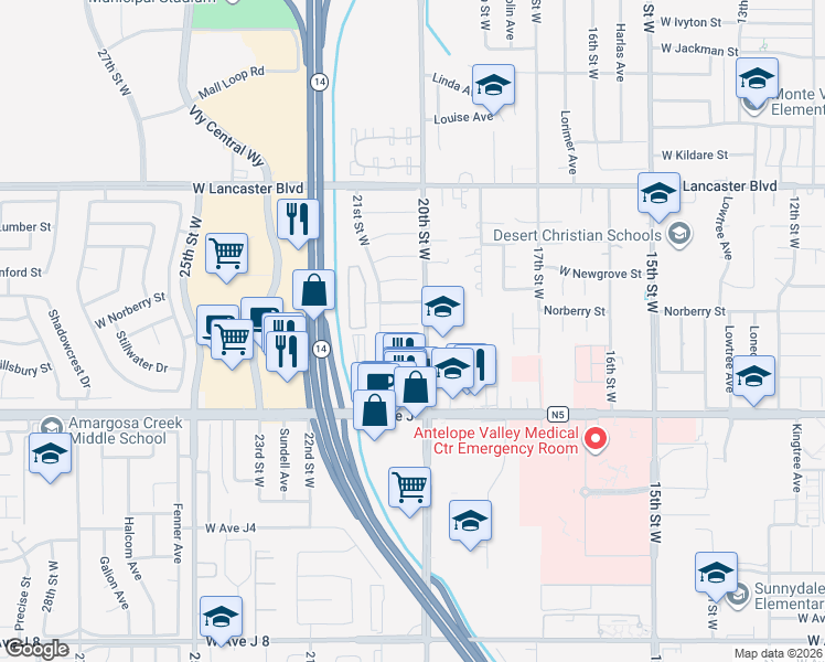 map of restaurants, bars, coffee shops, grocery stores, and more near 2012 West Norberry Street in Lancaster