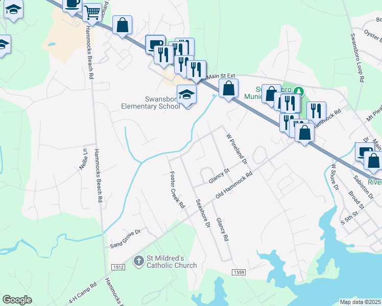 map of restaurants, bars, coffee shops, grocery stores, and more near 407 South Holly Lane in Swansboro