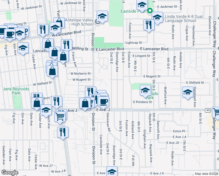map of restaurants, bars, coffee shops, grocery stores, and more near 44527 2nd Street East in Lancaster