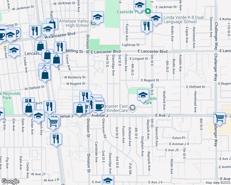 map of restaurants, bars, coffee shops, grocery stores, and more near 44520 Stanridge Avenue in Lancaster