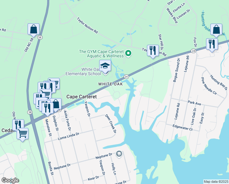 map of restaurants, bars, coffee shops, grocery stores, and more near 105 Cape Point Blvd in Cape Carteret