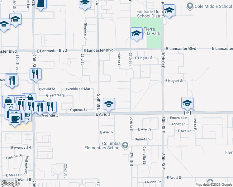 map of restaurants, bars, coffee shops, grocery stores, and more near 2601 Vía Madalena in Lancaster
