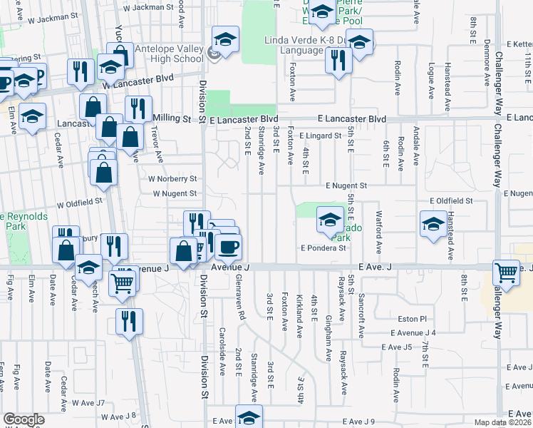 map of restaurants, bars, coffee shops, grocery stores, and more near 44526 Stanridge Avenue in Lancaster
