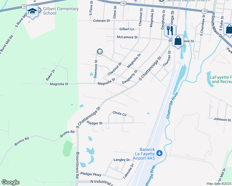 map of restaurants, bars, coffee shops, grocery stores, and more near 1123 South Chattanooga Street in LaFayette