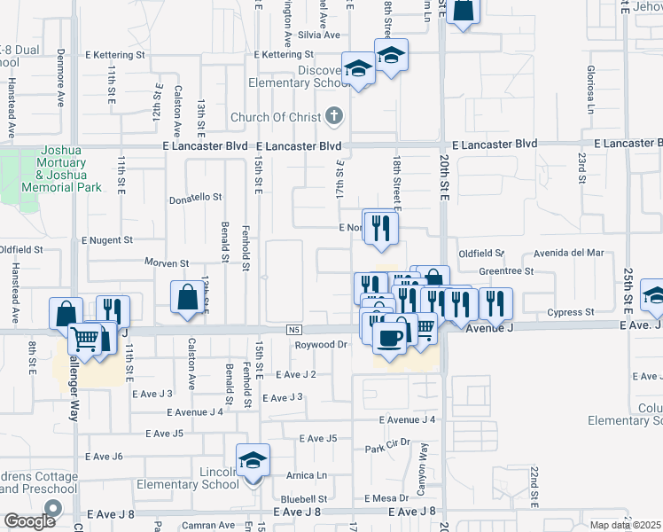 map of restaurants, bars, coffee shops, grocery stores, and more near 1647 Orchid Lane in Lancaster