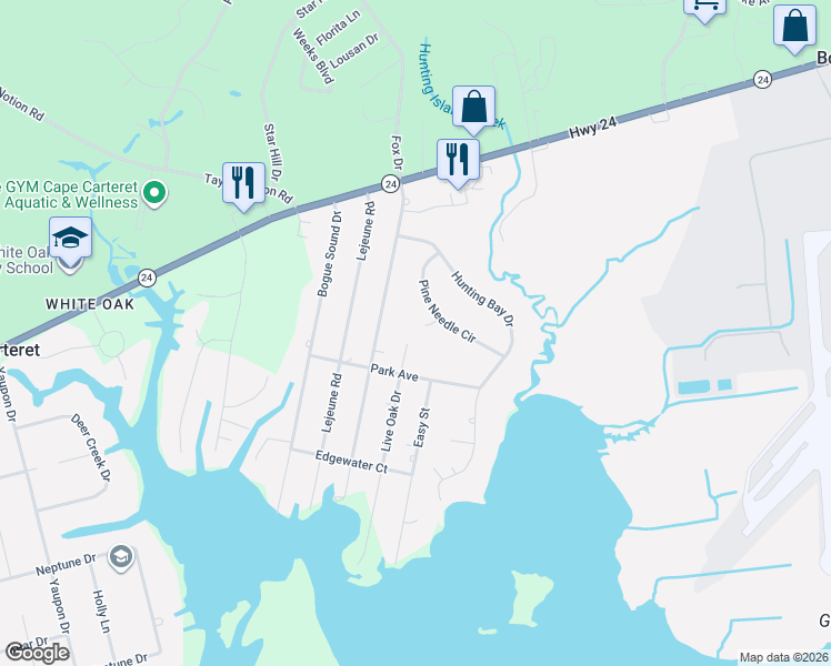 map of restaurants, bars, coffee shops, grocery stores, and more near 103 Pine Court in Cape Carteret
