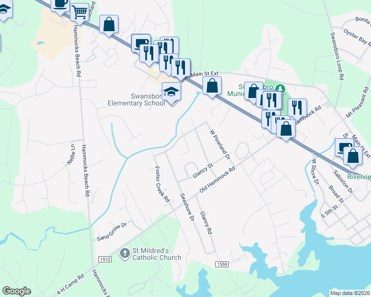 map of restaurants, bars, coffee shops, grocery stores, and more near 407 South Holly Lane in Swansboro