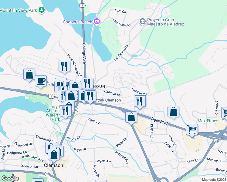 map of restaurants, bars, coffee shops, grocery stores, and more near 209 Calhoun Street in Clemson