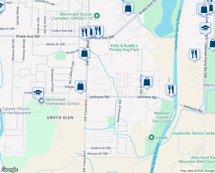 map of restaurants, bars, coffee shops, grocery stores, and more near 4007 Sewall Drive Southwest in Huntsville