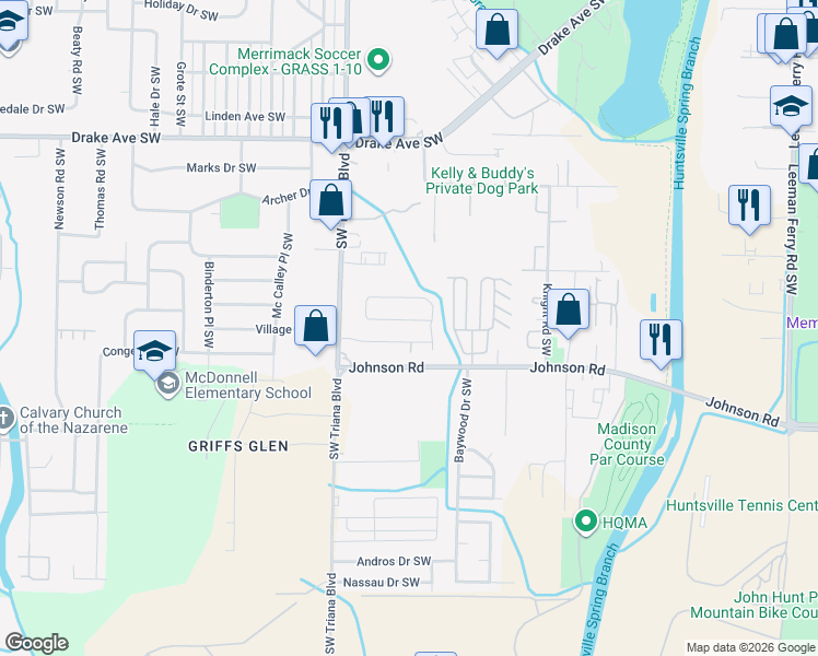 map of restaurants, bars, coffee shops, grocery stores, and more near 4007 Sewall Drive Southwest in Huntsville