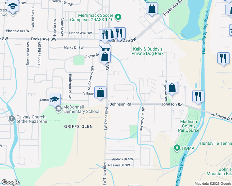 map of restaurants, bars, coffee shops, grocery stores, and more near 4021 Sewall Drive Southwest in Huntsville