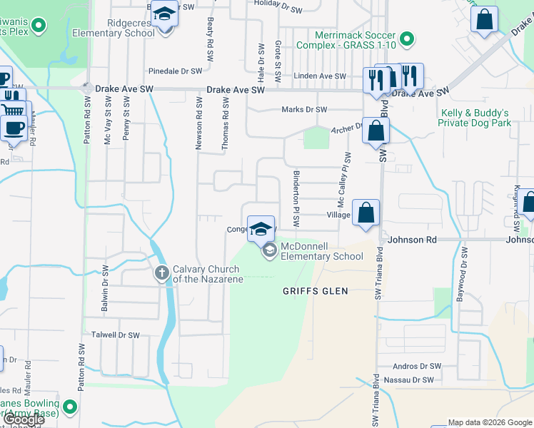 map of restaurants, bars, coffee shops, grocery stores, and more near 3916 Pickett Drive Southwest in Huntsville
