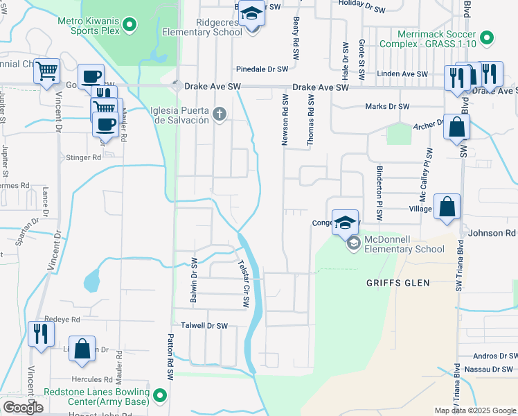 map of restaurants, bars, coffee shops, grocery stores, and more near 4116 Newson Road Southwest in Huntsville