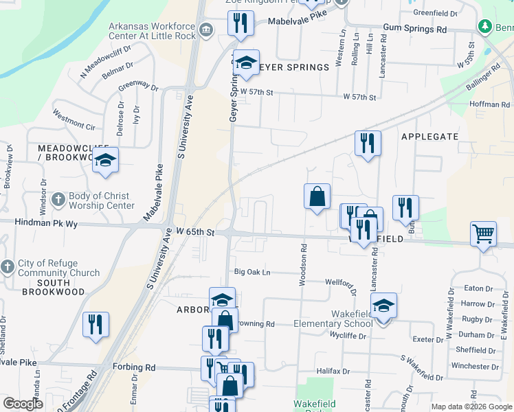 map of restaurants, bars, coffee shops, grocery stores, and more near 6431 Hazel Street in Little Rock