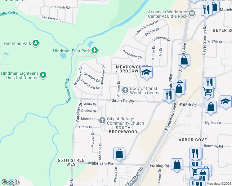 map of restaurants, bars, coffee shops, grocery stores, and more near 32 Windsor Drive in Little Rock