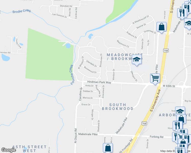 map of restaurants, bars, coffee shops, grocery stores, and more near 96 West Windsor Drive in Little Rock