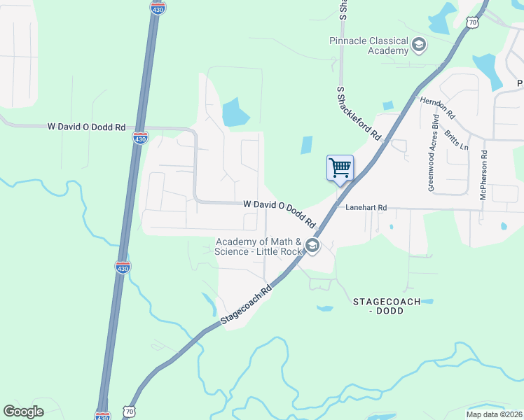 map of restaurants, bars, coffee shops, grocery stores, and more near 102 Woodridge Court in Little Rock