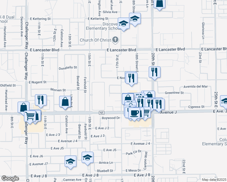 map of restaurants, bars, coffee shops, grocery stores, and more near 44523 16th Street East in Lancaster