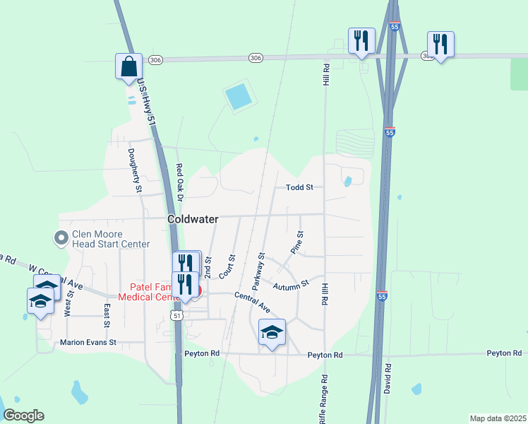 map of restaurants, bars, coffee shops, grocery stores, and more near 550 North Street in Coldwater