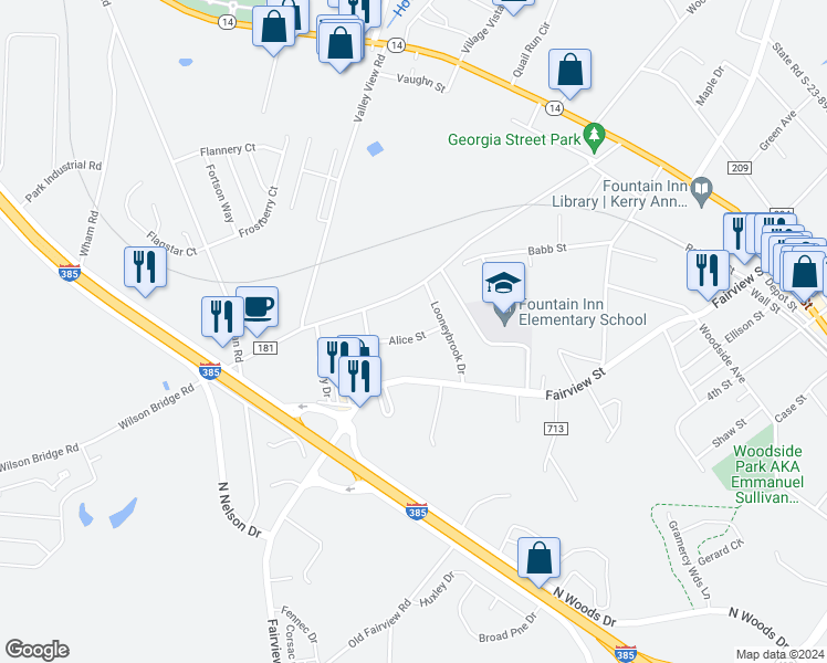 map of restaurants, bars, coffee shops, grocery stores, and more near 104 Alice Street in Fountain Inn