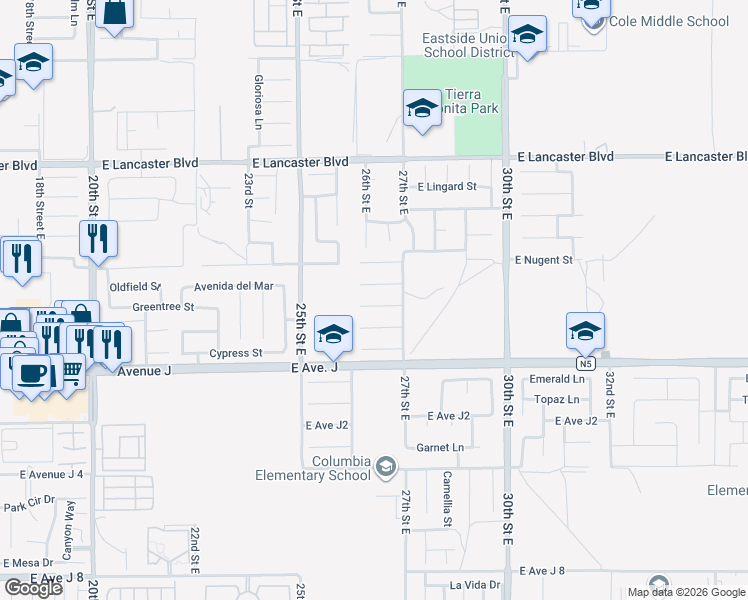 map of restaurants, bars, coffee shops, grocery stores, and more near 2621 Vía Madalena in Lancaster