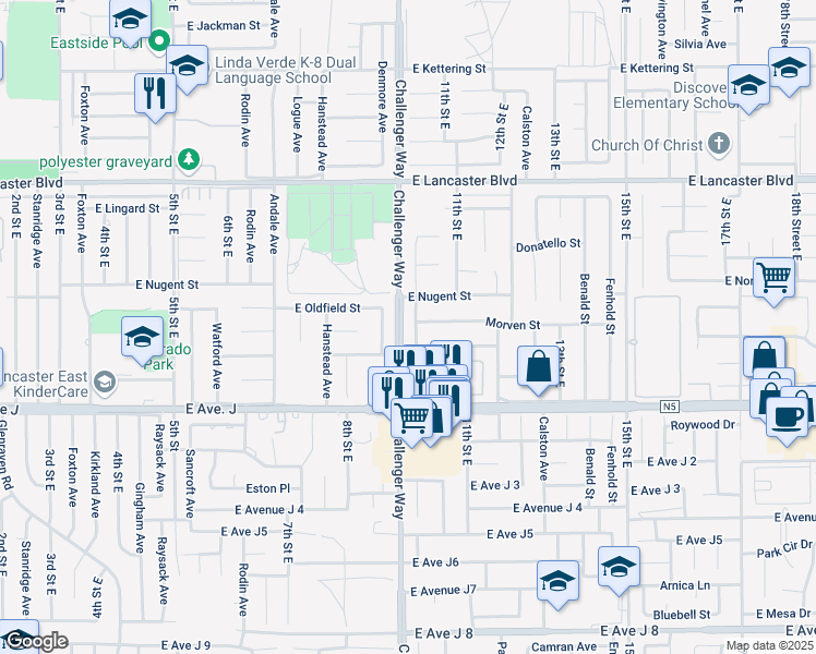 map of restaurants, bars, coffee shops, grocery stores, and more near 44525 Gillan Avenue in Lancaster