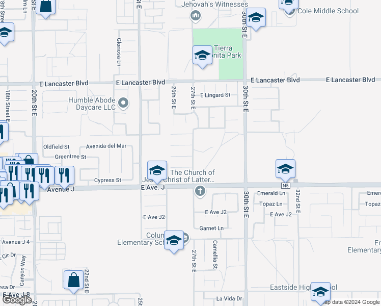 map of restaurants, bars, coffee shops, grocery stores, and more near 2653 Vía Madalena in Lancaster