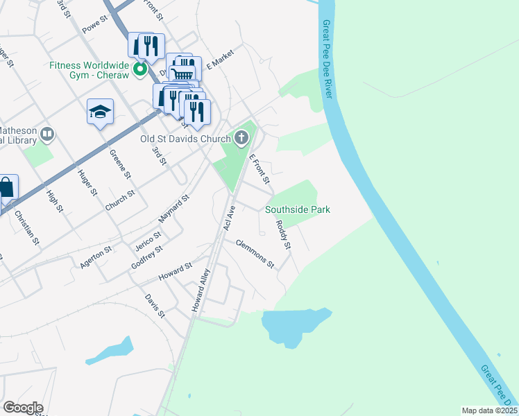 map of restaurants, bars, coffee shops, grocery stores, and more near 103 Fred Harris Drive in Cheraw