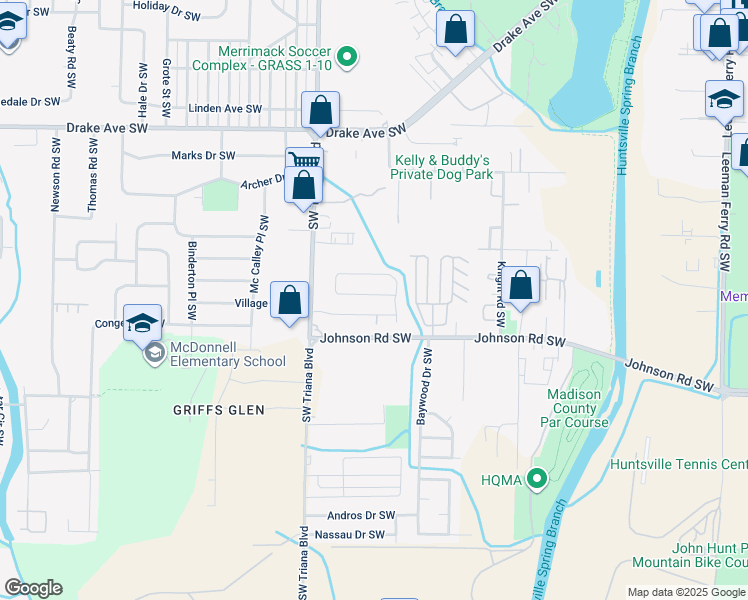map of restaurants, bars, coffee shops, grocery stores, and more near 4007 Sewall Drive Southwest in Huntsville