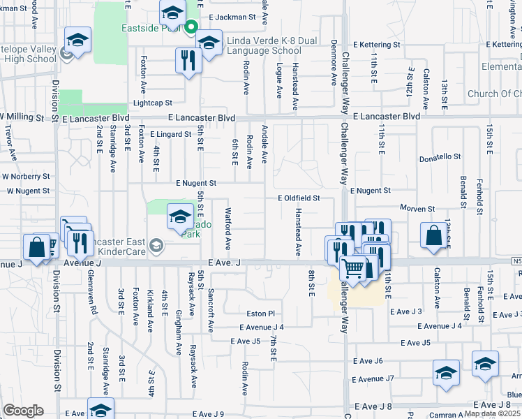 map of restaurants, bars, coffee shops, grocery stores, and more near 44520 Andale Avenue in Lancaster