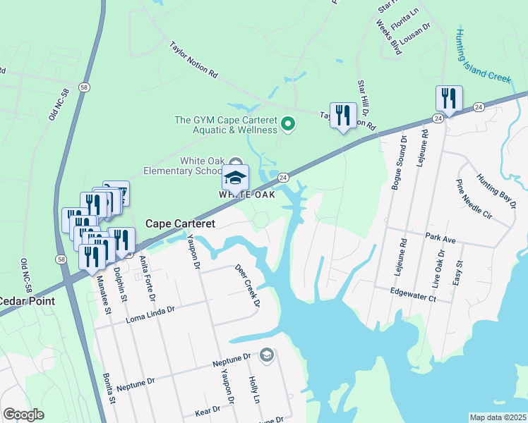 map of restaurants, bars, coffee shops, grocery stores, and more near 105 Cape Point Blvd in Cape Carteret