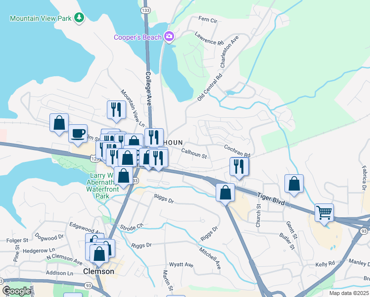map of restaurants, bars, coffee shops, grocery stores, and more near 209 Calhoun Street in Clemson