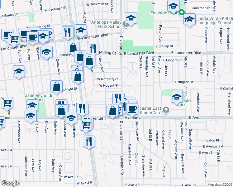map of restaurants, bars, coffee shops, grocery stores, and more near 44545 Division Street in Lancaster