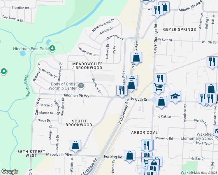 map of restaurants, bars, coffee shops, grocery stores, and more near 11 Hanover Drive in Little Rock