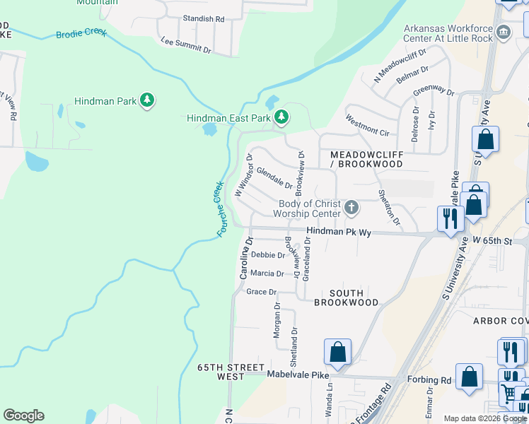 map of restaurants, bars, coffee shops, grocery stores, and more near 83 West Windsor Drive in Little Rock