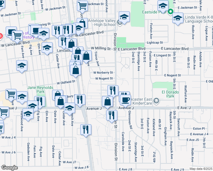 map of restaurants, bars, coffee shops, grocery stores, and more near 44545 Division Street in Lancaster